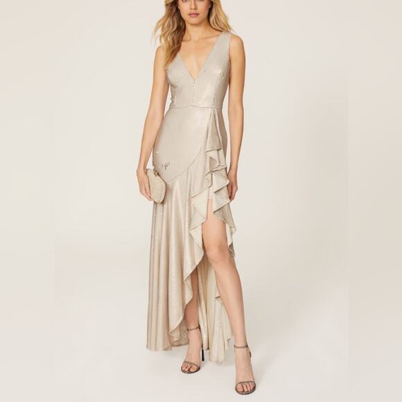 Badgley Mischka Ruffled Sequin Gown 10 - Picture 1 of 14